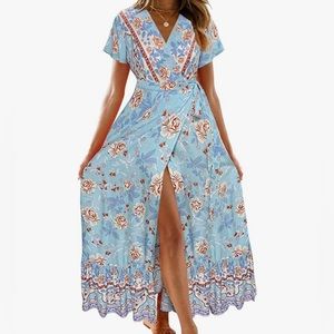 Floral Printed Wrap V Neck Short Sleeve Maxi Dress